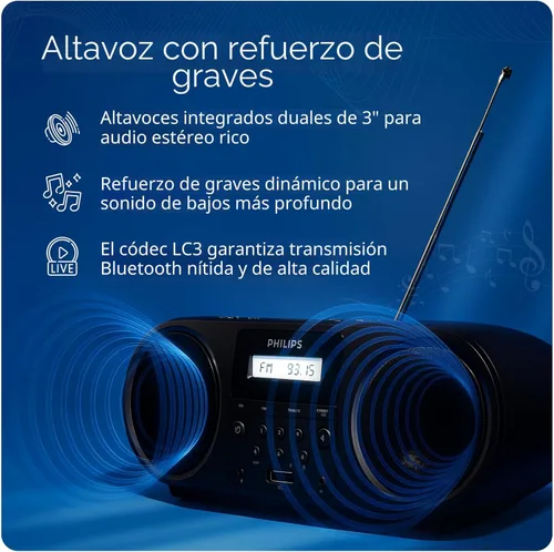 Miniatura 3 de Philips Reproductor de CD portátil Boombox con Bluetooth, radio FM, altavoces Dynamic Bass Boost, entrada USB/auriculares/auxiliar, reproductor