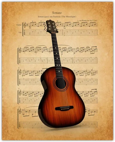 Buzz Unplugged Vintage Guitar Sonate Music Sheet: Aesthetic Wall Art Prints for Bathroom, Home, Man Cave, Dorm, Office & Bar Wall Decor Poster -