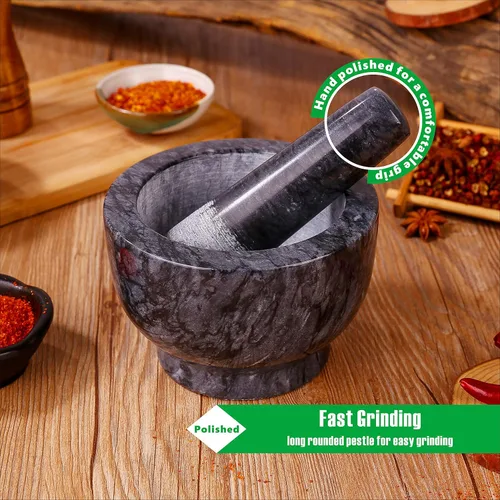 Miniatura 4 de Juego de mortero y mortero pulido de mármol natural guacamole molcajete, molinillo de especias con almohadilla de silicona, cuchara y cepillo