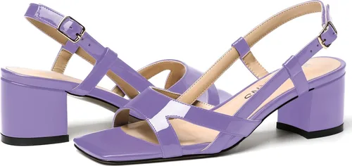 Miniatura 6 de WAYDERNS Correa ajustable para mujer, puntera cuadrada, correa de tobillo con bloque para citas, hebilla casual, puntera abierta, charol cruzado