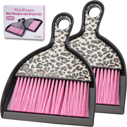 THINKLEARN Juego de 2 mini recogedores y cepillos, juego de escoba pequeña y recogedor con diseño de estampado de leopardo rosa, escoba de mano y
