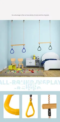 HUAWELL Trapecio de madera con anillos de plástico para gimnasio, patio de juegos al aire libre e interior, juego de columpios 2 en 1, accesorios