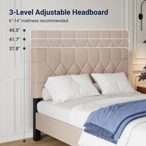 Miniatura 4 de Avenco Base de cama de tamaño matrimonial, base de cama tapizada con cabecera ajustable de 3 alturas, fácil montaje sin herramientas