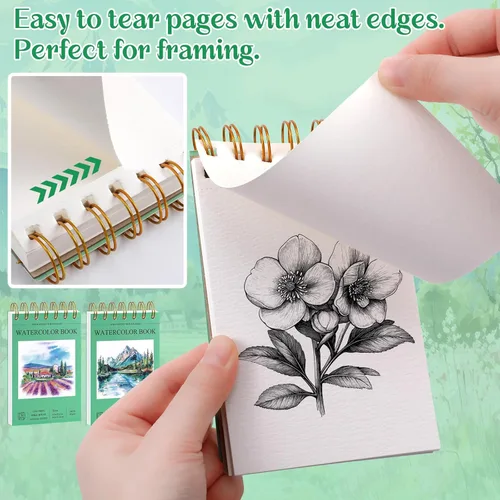 Miniatura 7 de 2 cuadernos de bocetos pequeños de acuarela con pinceles de acuarela, 3.5 x 5.5 pulgadas, 60 hojas de 140 libras/10.58 oz de papel de acuarela