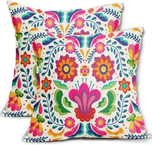 Miniatura 12 de Juego de 2 fundas de almohada con estampado floral mexicano de 18 x 18 pulgadas, diseño étnico colorido de pájaros y flores de cachemira, fundas