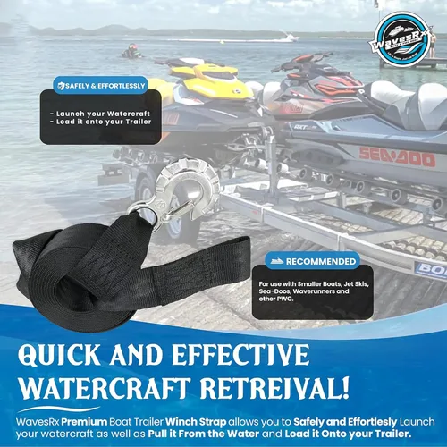 Miniatura 4 de WavesRx Correa de cabrestante de remolque de jet ski de 2"x12' con gancho de acero inoxidable y lazo de remolque de proa de conexión rápida Correa