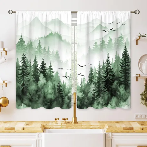 Miniatura 14 de Cortinas de cocina pequeñas de montaña abstracta verde azulado, tratamiento de ventana de montaña, naturaleza, puesta de sol, paisaje, cafetería