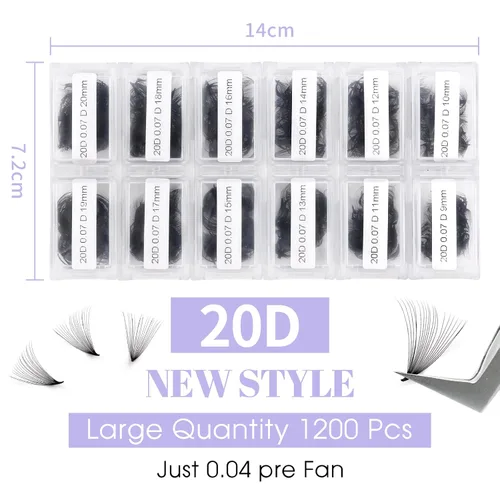 Miniatura 4 de Extensiones de pestañas de 1200 fans, prefabricadas, con volumen, 9-20mm, bandeja mixta, 20D, con punta en C, base puntiaguda, extensiones