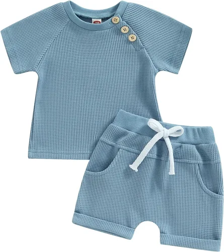 Conjunto de 2 piezas de camiseta de punto gofre de manga corta para bebé niño y niña, color liso, con cordón de ajuste, conjunto de 2 piezas