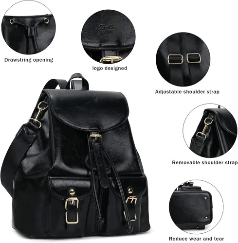 Miniatura 3 de Chillo - Mochila grande de cuero vegano para mujer, diseño multiusos, con cordón, Negro -, Mochilas de mochila