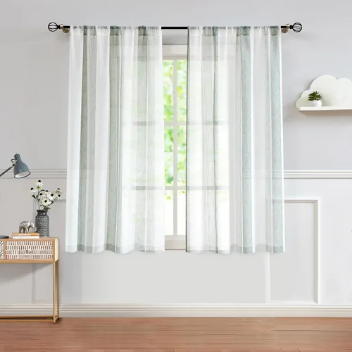 Miniatura 25 de Central Park Cortinas Transparentes de Rayas Beige y Blancas Estilo Granja de Lino Bouclé, Pares de Paneles de Cortina de Ventana Tejidos con Hilo