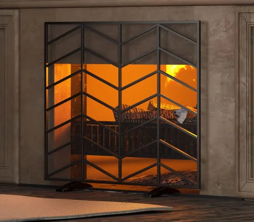 Miniatura 8 de Fire Beauty Panel único de chimenea de hierro forjado con malla de zigzag, protector contra chispas de fuego para sala de estar, decoración
