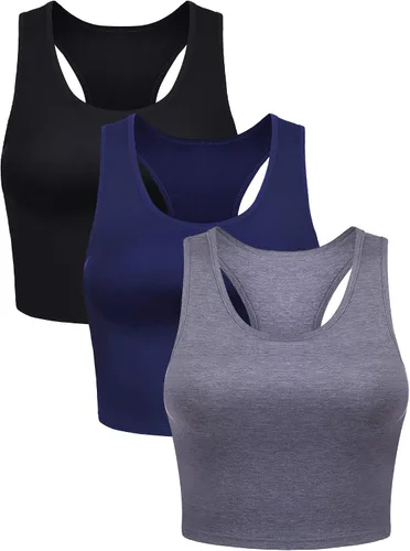 Miniatura 14 de Camisetas cortas de 3 piezas para mujer, camisetas de entrenamiento, básicas, recortadas, sin mangas, espalda cruzada, deportes, gimnasio