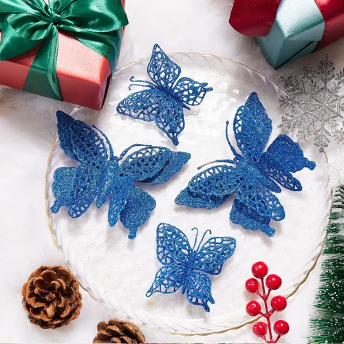 Miniatura 6 de 16 decoraciones de árbol de Navidad con purpurina, 2 estilos de adornos de mariposa hueca con clips, decoraciones de mariposa artificial para árbol