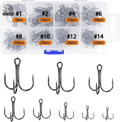 Miniatura 11 de UCEC Kit de Ganchos de Pesca, Ganchos Treble de Acero de Alto Carbono Fuertes y Agudos de Curva Redonda para Agua Salada y Agua Dulce, para Trucha