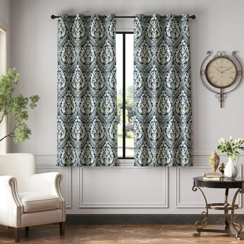 Miniatura 36 de jinchan Cortinas opacas de 90 pulgadas de largo, 2 paneles de medallón de damasco azul, cortinas de ventana para dormitorio, con ojales, aislamiento