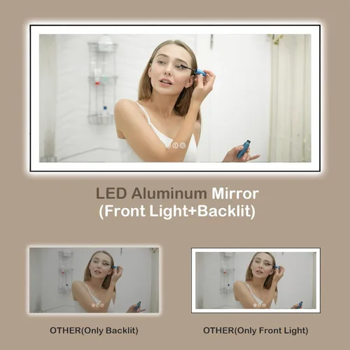Miniatura 3 de Espejo de baño LED de 60x36 pulgadas con marco negro, espejos de baño retroiluminados y con luz frontal para pared, antiempañamiento, regulable