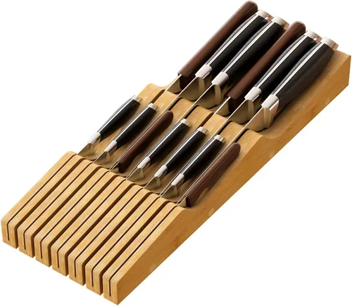 Miniatura 10 de Organizador de cajones de cuchillos grande, soporte para cuchillos de madera de bambú, bloque de cuchillos con capacidad para hasta 15 cuchillos