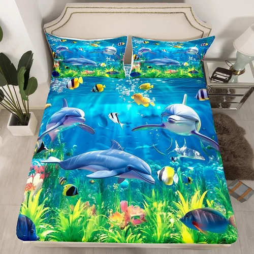 Miniatura 22 de Sábana bajera ajustable de tamaño individual para niños, diseño de animales marinos náuticos, juego de ropa de cama coral bajo el mar, juego de ropa