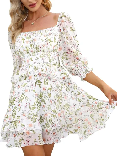 EXLURA - Vestido corto de verano para mujer vestido con estampado floral diseño escalonado con volantes cuello cuadrado manga larga y hombros