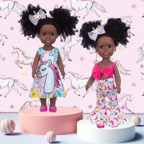 Miniatura 6 de ZQDOLL Muñeca negra y muñeca negra de 14.5 pulgadas de silicona afroamericana con 2 juegos de ropa y equipo de viaje, cámara, mochila, lentes, etc.