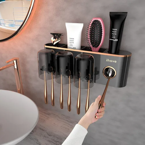 Miniatura 12 de iHave Portacepillos de dientes, accesorios de baño con dispensador de pasta de dientes, 3 tazas, soporte para cepillos de dientes, decoración