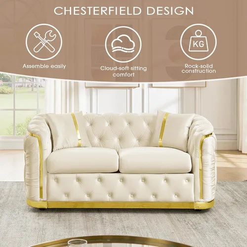 Miniatura 5 de Sofá Chesterfield de 62.6 pulgadas, moderno de mediados de siglo, sofá de terciopelo blanco beige y dorado, sofás de lujo para sala de estar