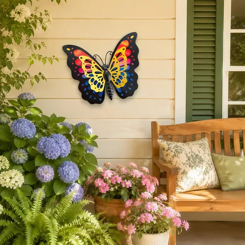 Miniatura 9 de HONGLAND Decoración de pared de mariposa de metal, escultura de arte para interiores y exteriores, decoración de cristal colgante azul