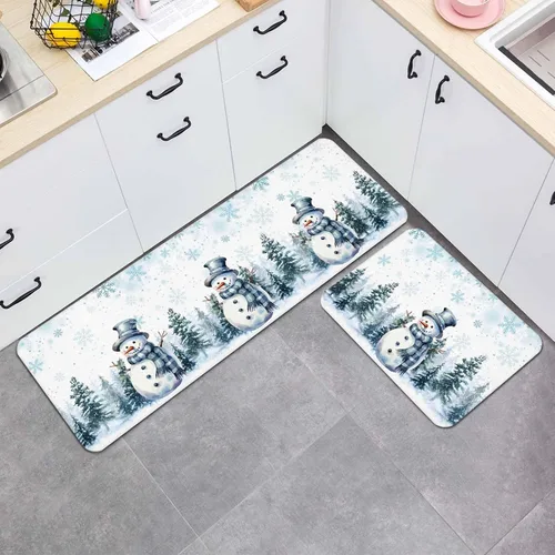 Miniatura 7 de Juego de 2 tapetes de cocina de Navidad con diseño de muñeco de nieve azul, antideslizantes, para entrada, árbol de Navidad, copos de nieve, tapete
