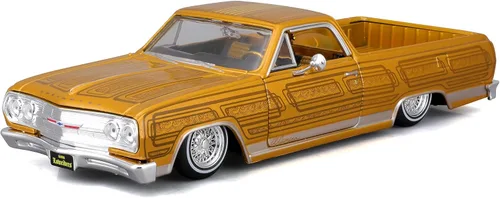 1965 Chevrolet El Camino Lowrider Gold Metallic con gráficos Lowriders Series 1/25 Modelo de coche fundido a troquel por Maisto