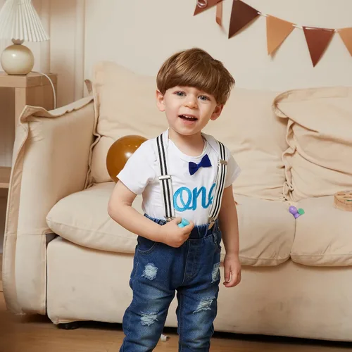 Miniatura 60 de Conjunto de ropa de cumpleaños para bebé niño pequeño, con tirantes, pantalones de mezclilla rasgados