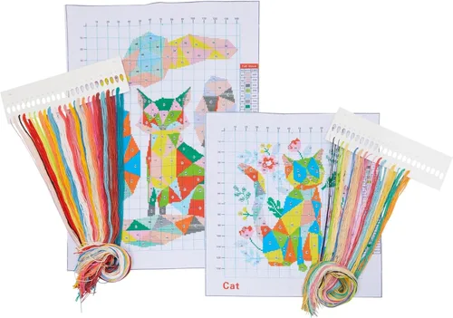 Bright Creations Fox & Cat - Kits de punto de cruz, kit fácil para principiantes, hilo de bordar y agujas, tela preimpresa y patrones de punto de