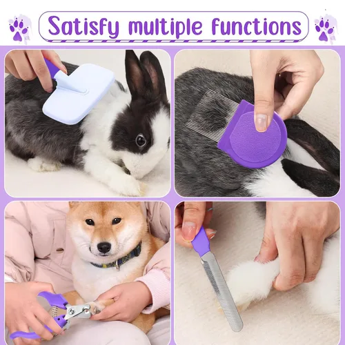 Miniatura 6 de VCZONE Kit de aseo para animales pequeños de 8 piezas, kit de aseo para conejos con cortaúñas y lima para mascotas, peine antipulgas, cepillo