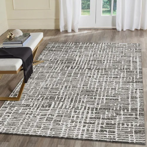 Liora Manne Savannah Grid - Alfombra de lana para interiores, color carbón, 5 pies x 7 pies 6 pulgadas, color gris y negro Gris carbón y negro