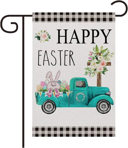 Bandera de jardín con texto en inglés «Happy Easter» – Bandera de jardín de mariposa floral de 12 x 18 pulgadas para decoración al aire libre
