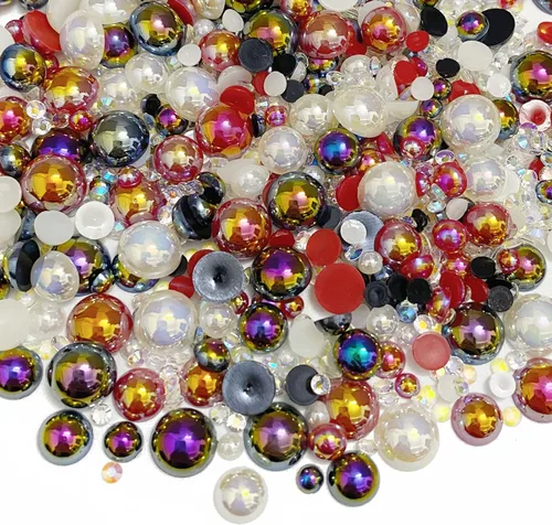 Diamantes de imitación de media perla roja y negra de 1.06 oz para manualidades, tamaño mixto de 0.116 a 0.394 pulgadas, diamantes de imitación de