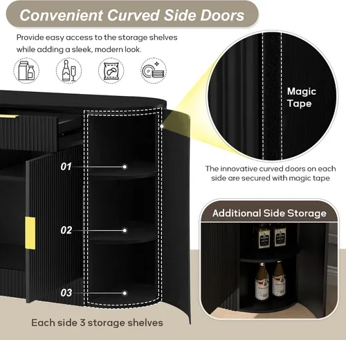 Miniatura 7 de VilroCaz Aparador de armario de almacenamiento curvado con 2 puertas y 2 cajones, mesa consola de entrada de madera de 55 pulgadas con puerta
