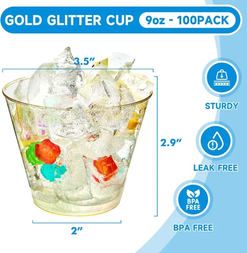 Miniatura 2 de RACETOP 9 oz 100 Pack Gold Glitter Plastic Cups, Disposable Gold Glitter Clear Plastic Cups for Parties, Gatherings, Weddings, and Festival Events