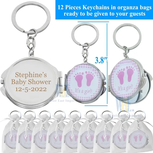 Miniatura 2 de 12 llaveros personalizados para baby shower con espejo rosa para niña, con diseño de huella de bebé, regalo personalizado grabado