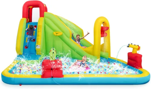 Miniatura 11 de HONEY JOY Tobogán acuático inflable, parque acuático inflable 7 en 1 para patio trasero de niños, piscina de chapoteo, pared de escalada, toboganes