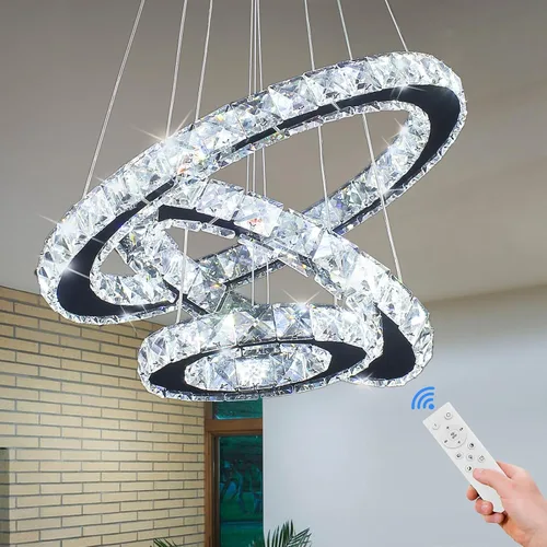 Miniatura 9 de Lámpara de araña moderna de cristal de corazón de 3 anillos con iluminación LED colgante de acero inoxidable para sala de estar, comedor y blanco