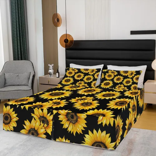 Miniatura 3 de Falda de cama individual de girasol, flores soleadas con esquinas divididas, faldas de cama bohemias florales amarillas, falda de cama para plantas