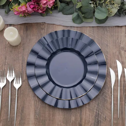 Miniatura 34 de Tableclothsfactory Paquete de 10 platos redondos de plástico negro de 6 pulgadas para ensalada de postre, platos desechables con borde ondulado