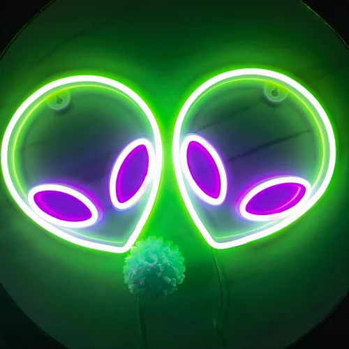 Miniatura 9 de Letrero de neón con cabeza de alienígena, 1 unidad, luz de neón de alienígena verde y morado, USB o 3 pilas AA, divertido letrero de neón iluminado