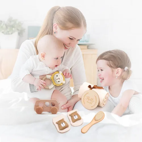 Miniatura 5 de Cesta de regalo para bebé recién nacido, regalos de ducha para bebés niños y niñas con sonajero de león de madera, juego de baño básico de 6 piezas