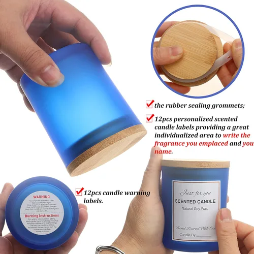 Miniatura 4 de MILIVIXAY Paquete de 12 tarros de vela de vidrio azul esmerilado de 7 onzas con tapas y kits de fabricación de velas, tarros de velas vacíos a