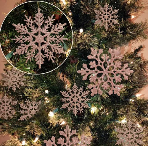 Miniatura 23 de Decoraciones para árbol de Navidad, adornos de copo de nieve, 36 piezas de copos de nieve colgantes de plástico con purpurina azul y plateado