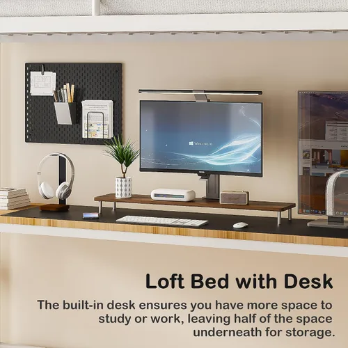 Miniatura 3 de VECELO Cama alta tamaño individual con escritorio, base de cama de metal con escalera extraíble y barandilla de seguridad, no necesita somier