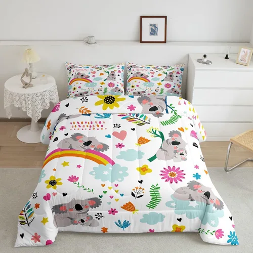 Miniatura 2 de Erosebridal Juego de Ropa de Cama Infantil Koala Lindo con Animales de Safari para Niños y Niñas, Juego de Edredón con Flores y Mariposas, Juego