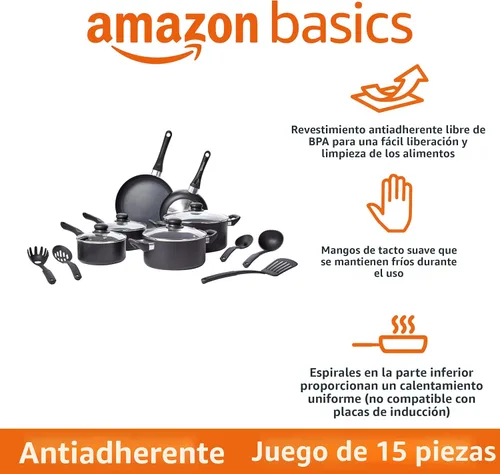 Miniatura 2 de Amazon Basics Juego de utensilios de cocina antiadherentes de 15 piezas, no inducción, incluye ollas, sartenes y utensilios, color negro